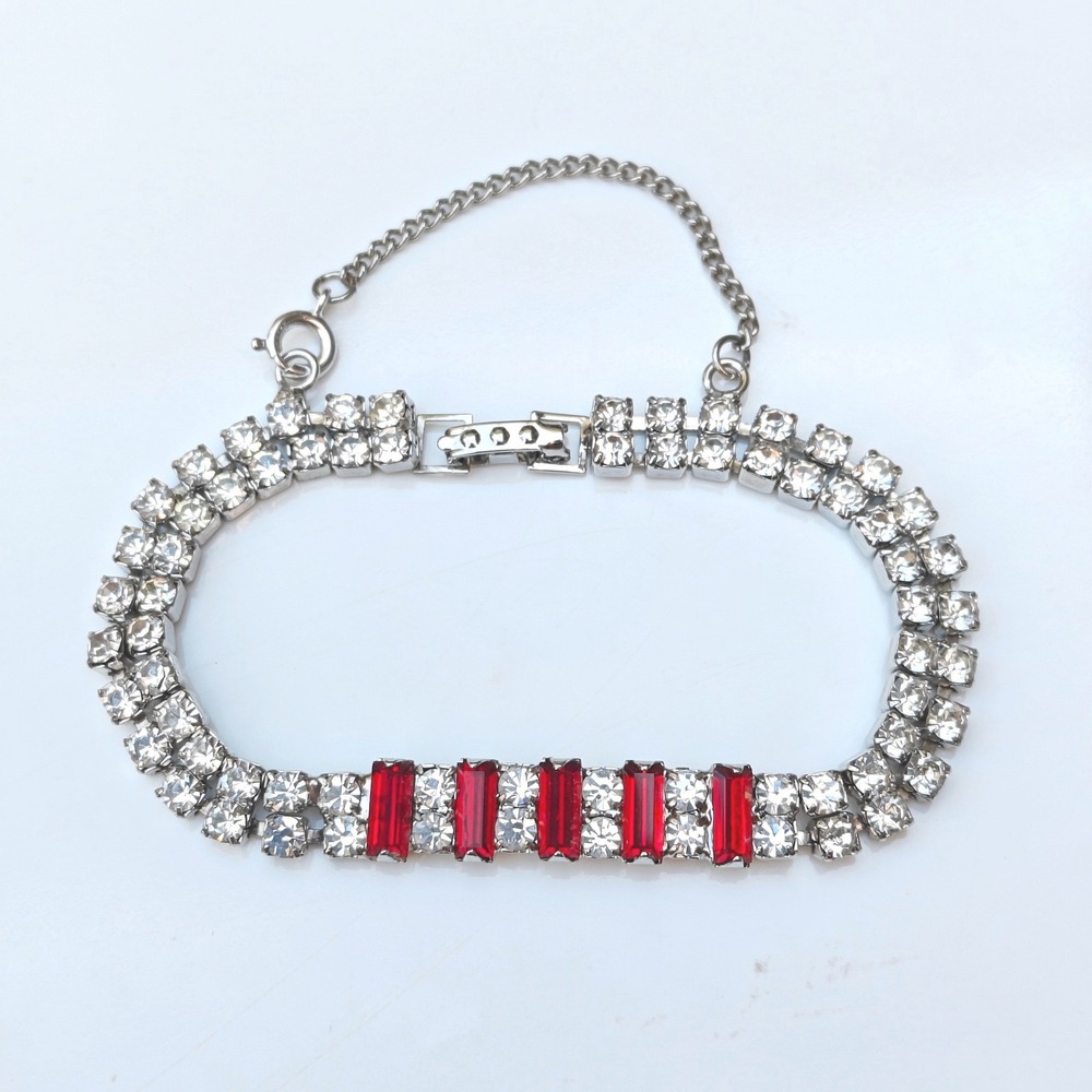 Eisenberg Ice Tennis Bracelet 925 Silver Stamped Red Clear Rhinestone Vintage